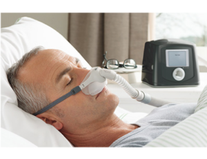 A mask is applied to the mouth and nose for sleep apnea